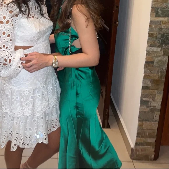 green emerald velvet dress Yvette Slip Maxi Dress With Asymmetrical Hem - Emerald main image 0